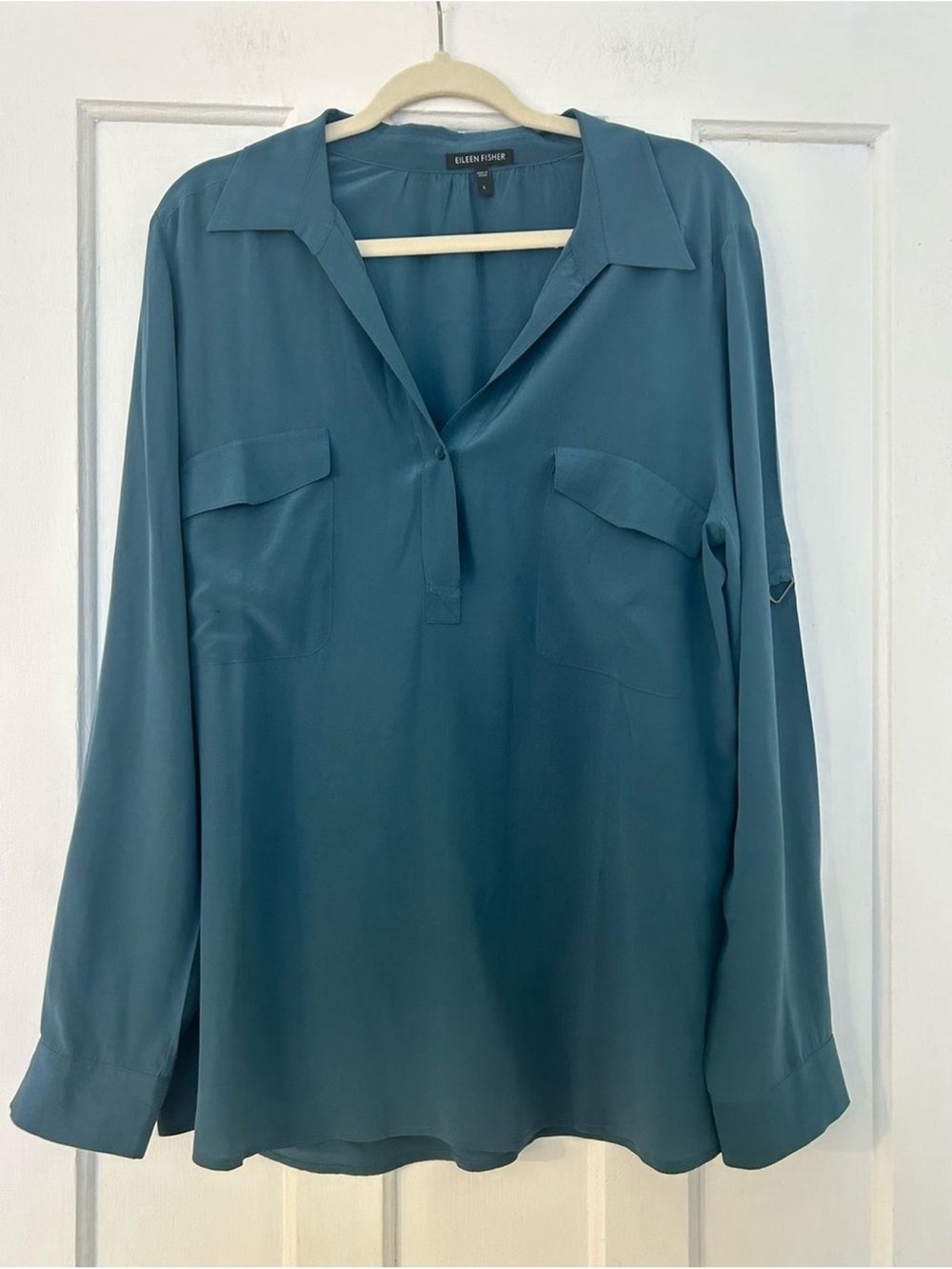 Eileen Fisher Silk Popover Blouse Roll Tab Utility Teal Blue